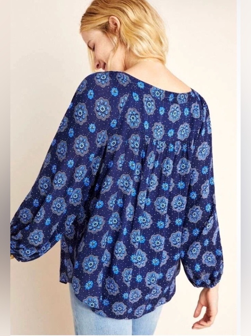 Anthropologie Maeve Navy Blue 3/4 Sleeve Peasant Floral Shirt Blouse US Size 2 - Picture 9 of 10